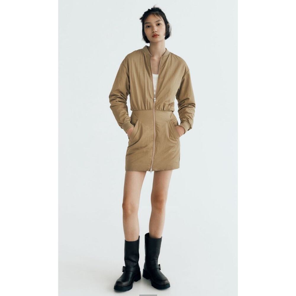 Zara Short Bomber Dress Jacket Camel Brown 4432/253 XL Khaki Color EUC